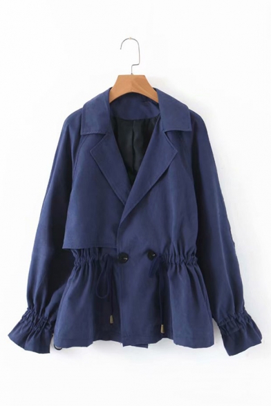 Womens Leisure Lapel Collar Double Button Drawstring Waist Solid Color Short Trench Coat
