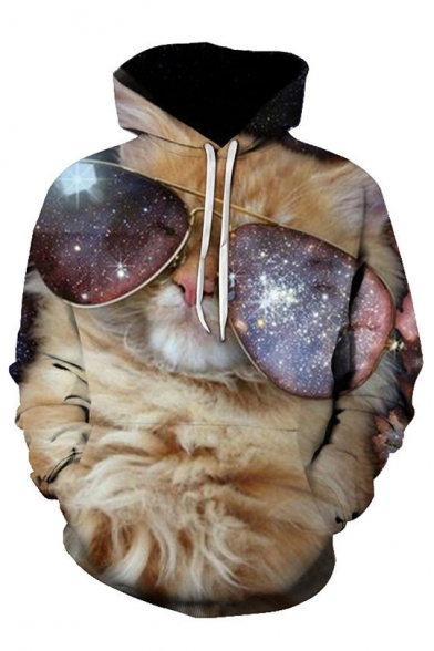 3D Cool Cat Print Long Sleeve Drawstring Hoodie with Pocket