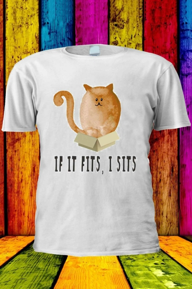 Cute Cat Letter IF IT FITS I SITS Print Short Sleeve Leisure T-Shirt