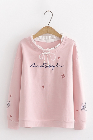 Embroidery Letter Cherry Blossom Print Stringy Selvedge Detail Bow Tie Neck Pullover Sweatshirt
