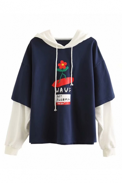 Navy and White Letter WAVE Funny Flower Printed Fake Two Piece Drawstring Hoodie