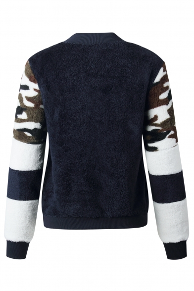 New Fashion Camouflage Print Long Sleeve Color Block Warm Fluffy Teddy Zip Up Sweatshirt