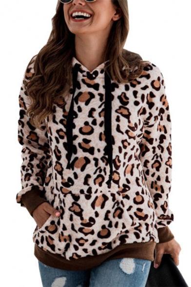New Fashion Leopard Print Long Sleeve Fluffy Teddy Hoodie With Pockets