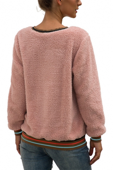New Fashion Stripe Trim Patchwork Round Neck Long Sleeve Relaxed Fluffy Teddy Sweatshirt