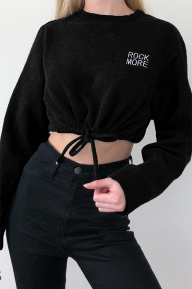 ROCK MORE Letter Embroidered Round Neck Long Sleeve Black Teddy Crop Sweatshirt