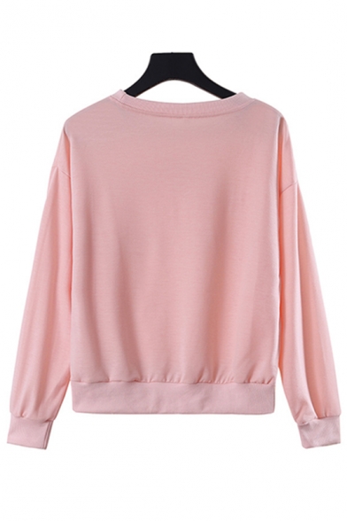 Simple Letter GET LOST Bus Pattern Long Sleeve Pink Pullover Sweatshirt