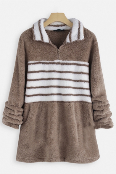 Winter Warm Striped Print Long Sleeve Pocket Faux Fur Teddy Half-Zip Hoodie