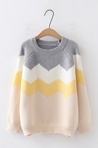 Women's Loose Colorful Wave Pattern Jacquard Knitted Pullover Sweater