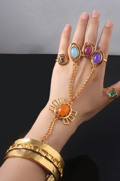 Womens Stylish Colorful Gemstone Studded Gold Hand Chain Bracelet