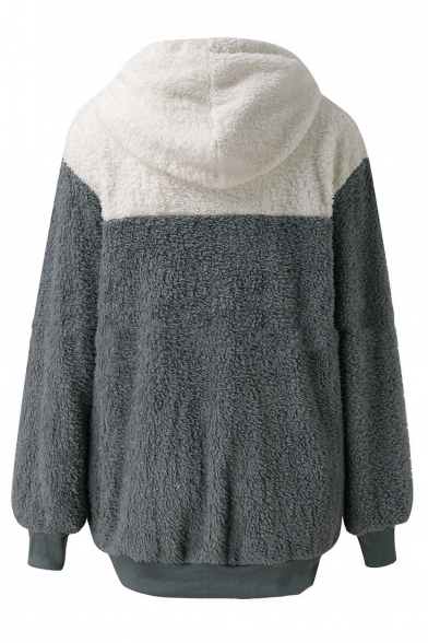 Womens Winter Warm Color Block Long Sleeves  Faux Fur Fluffy Teddy Half-Zip Loose Hoodie