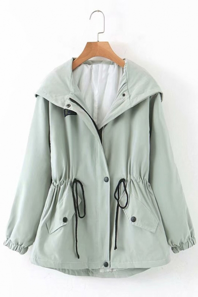 YESNO Women Casual Loose Lightweight Hooded Jackets Waist Gathered Peplum Trench Coat Hang Pocket A Line Hem WT2