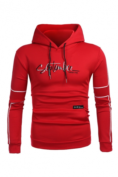 Creative Letter Printed Front Geometric Pattern Long Sleeve Red Pullover Hoodie