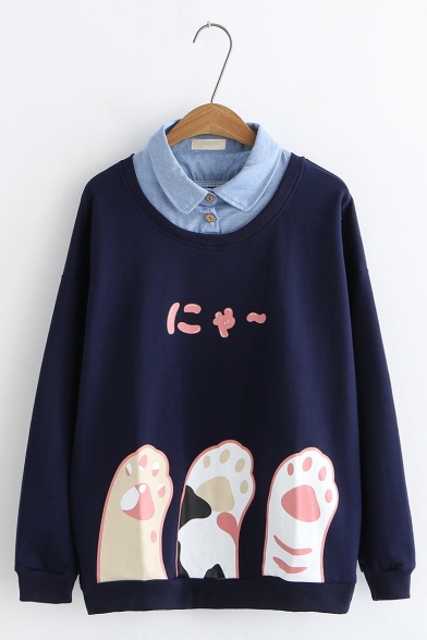 Cute Japanese Letter Cat Paw Pattern Peter Pan Collar Long Sleeve Fake Two-Piece Sweatshirt