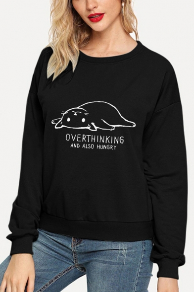 Fashion Women's Funny Cat Printed Long Sleeve Plain Graphic Pullover Sweatshirt