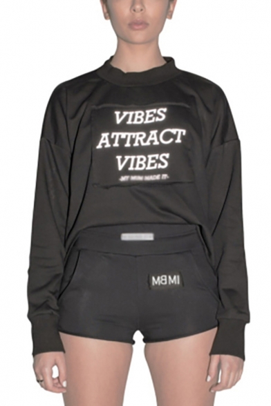 Fashionable Reflective Letter VIBES Patchwork Mock Neck Long Sleeve Plain Crop Sweatshirt