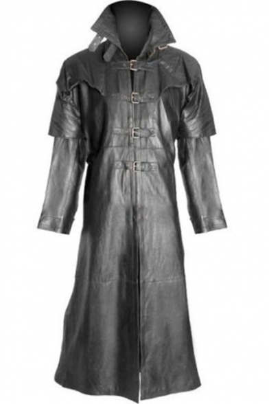 Faux Twinset Lapel Collar Black Leather Goth Matrix Long Trench Coat Jacket