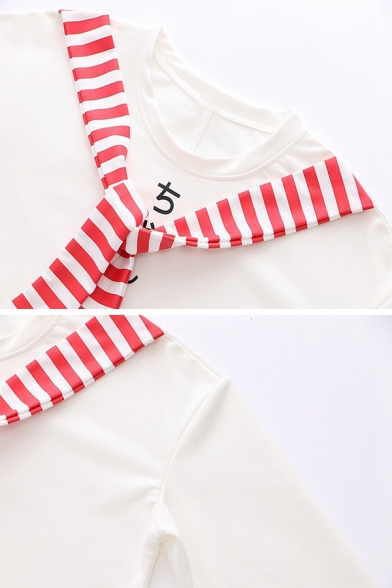 Japanese Letter Cat Pattern Stripe Panel Tied Long Sleeve Loose T-Shirt Top