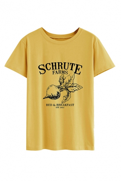 Letter SCHRUTE FARMS Plant Pattern Short Sleeve Graphic T-Shirt Top