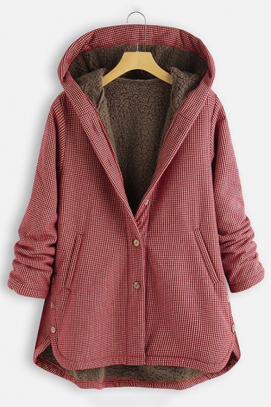 Pure Color Check Pattern Button Fly Winter Warm Hooded Coat Outerwear Jacket
