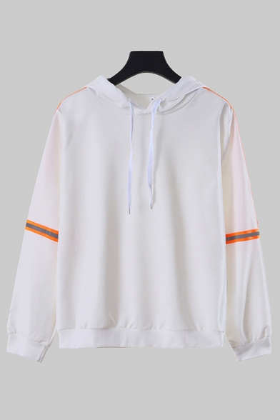 Simple Ladies Fluorescent Stripes Embellished Long Sleeve White Loose Hoodie