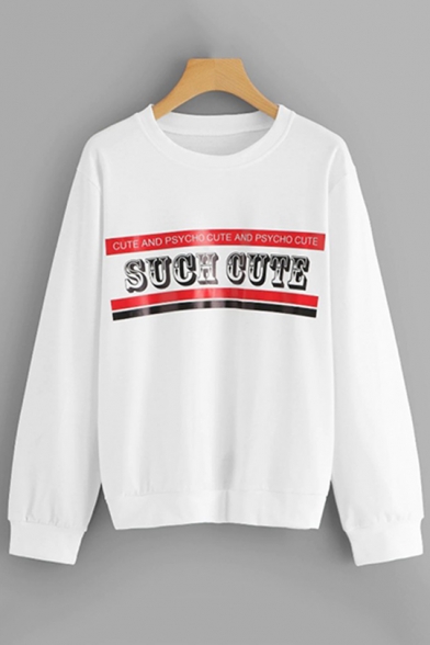 Simple SUCH CUTE Letter Print Long Sleeve White Pullover Hoodie