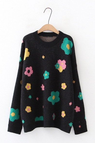Sweet Style Floral Printed Round Neck Long Sleeve Oversized Sweater