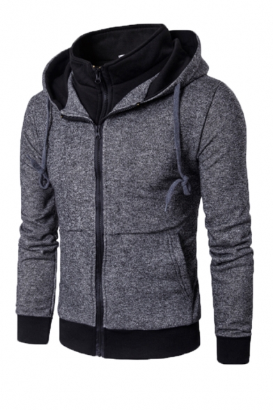 Unique Stand Collar Long Sleeve Zipper Dark Gray Fake Two Piece Hoodie