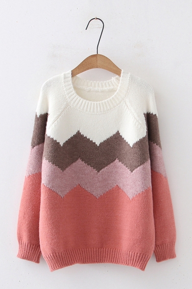 Women's Loose Colorful Wave Pattern Jacquard Knitted Pullover Sweater