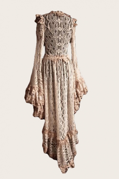 Women's Sexy V-Neck Long Sleeve Plain Print Lace Patchwork High Low Asymmetric Dress Evening Dress