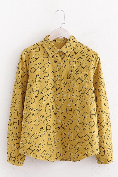 All Over Milk Bottle Pattern Long Sleeve Single Breasted Loose Relaxed Shirt