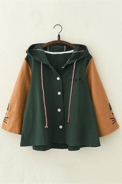 Cat Embroidery Color Block Long Sleeve Single Breasted Loose Relaxed Coat Jacket