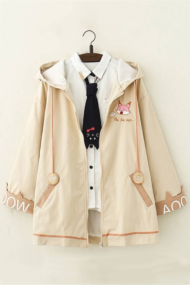 Cute Fox Letter Embroidery Long Sleeve Zip Up Longline Casual Jacket Coat