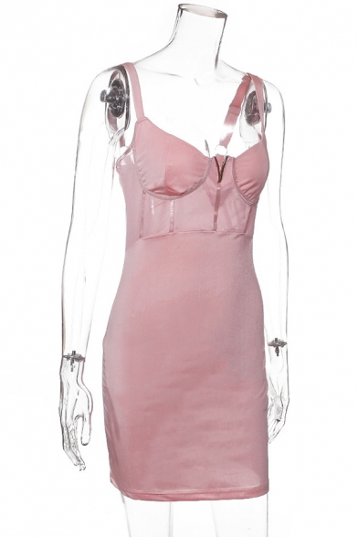 Ladies Plain Deep V Neck Mesh Sheer Panel Mini Bodycon Strap Dress