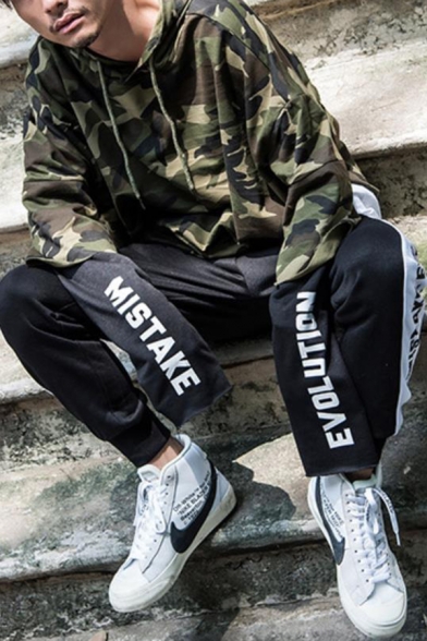 Mens Cool Camouflage Letter MISTAKE EVOLUTION Printed Long Sleeve Fake Two-Piece Loose Fit Drawstring Hoodie