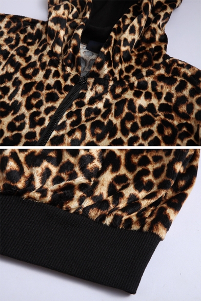 Slimming Leopard Print Long Sleeve Zip Up Pullover Hoodie