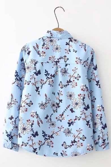 Winter Fashion Allover Floral Pattern Single Breasted Chiffon Long-sleeved Thick Shirt