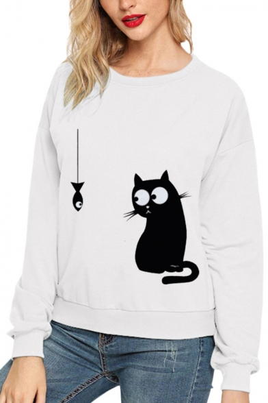 Womens Cartoon Cat Fish Pattern Long Sleeve Casual Pullover Sweatshirt