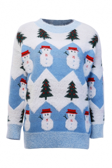 Blue Regular Christmas Tree and Snowman Printed Long Sleeve Cozy Faux ...