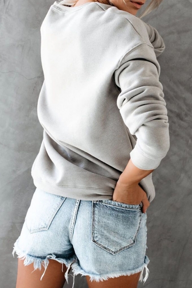 Creative Letter CLASSY KICKOFF Print Long Sleeve Oversized Loose Gray Pullover Sweatshirt