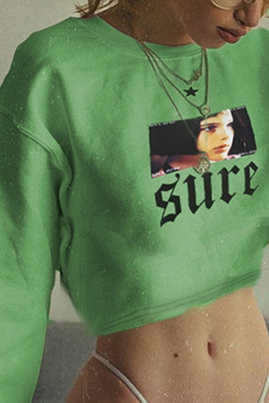 Cute Girl Letter SURE Printed Crew Neck Long Sleeve Green Cropped Pullover Sweatshirt
