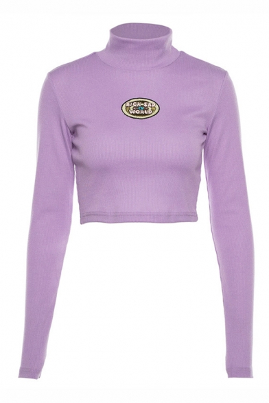 Fashionable Embroidery Pattern Printed Long Sleeve Mock Neck Short Fitted Light Purple Pullover Sweater