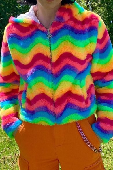 Funny Rainbow Wave Printed Long Sleeve Zip Up Plush Crop Hooded Coat