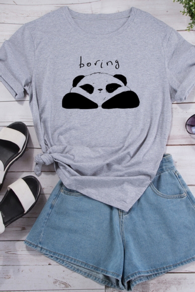 Girls Lovely BORING Cartoon Panda Pattern Rolled Short Sleeve Loose Fit Casual Tee
