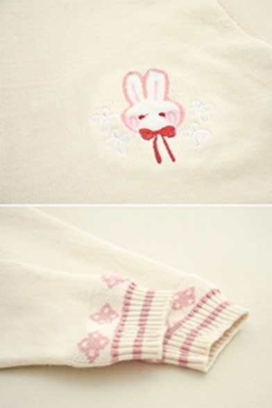 Girls Popular Rabbit Embroidery Long Sleeve Contrast Trim V-Neck Button Down Cardigan Sweater with Pocket