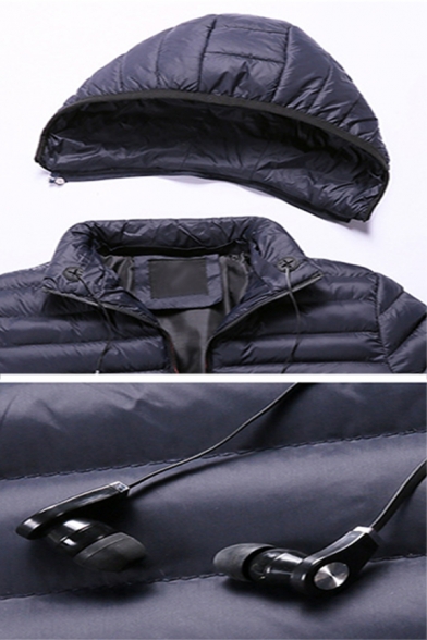 Guys Navy Zipper Ribbon Embellished Long Sleeve Zip Closure Slim Fit Padded Short Puffer Coat with Hood