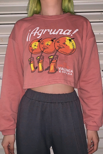 Hot Fashion IAGRUNA Letter Humor Orange Printed Long Sleeve Chic Crop Sweatshirt