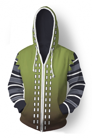 Hot Game 3D Striped Long Sleeve Zip Up Green Ombre Cosplay Drawstring Hoodie