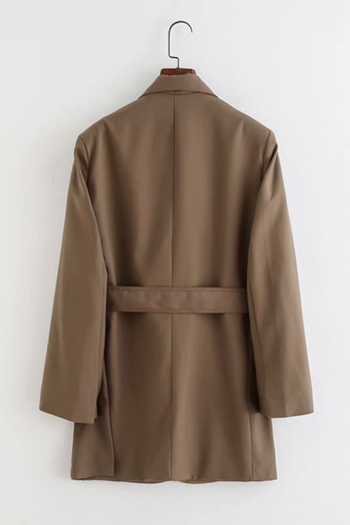 Ladies Casual Plain Dark Khaki Long Sleeve Notched Collar Belted Oversized Longline Blazer Coat