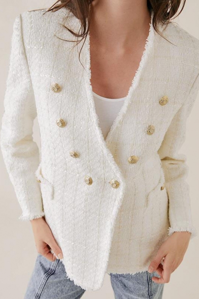 Ladies Fashionable White Long Sleeve Button Embellished Tweed Suit Coat with Pocket