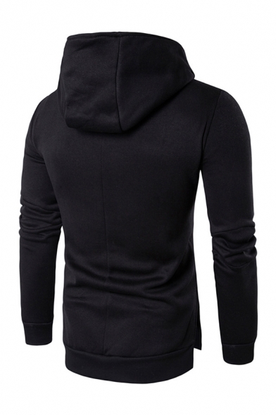 Mens Fashion Solid Color Oblique Zipper Long Sleeve Simple Pullover Hoodie with Pocket